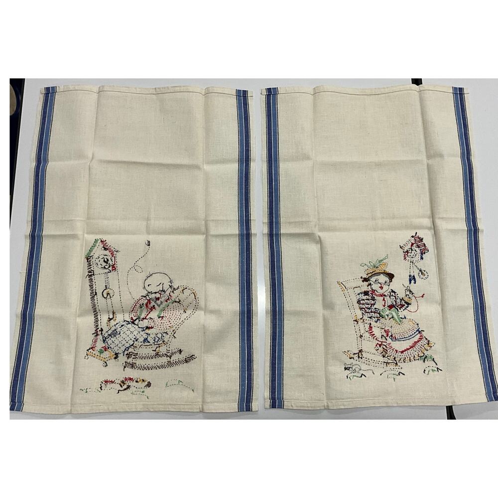 Vintage 2 Handmade Embroidery Kitchen Dish Towels Grandma Grandpa Rock'n NEW - Picture 5 of 7